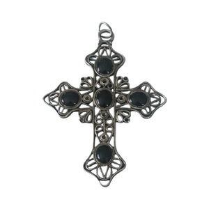 Vintage Retro Large Ornate Filigree Religious Cross Pendant Black Enamel Goth